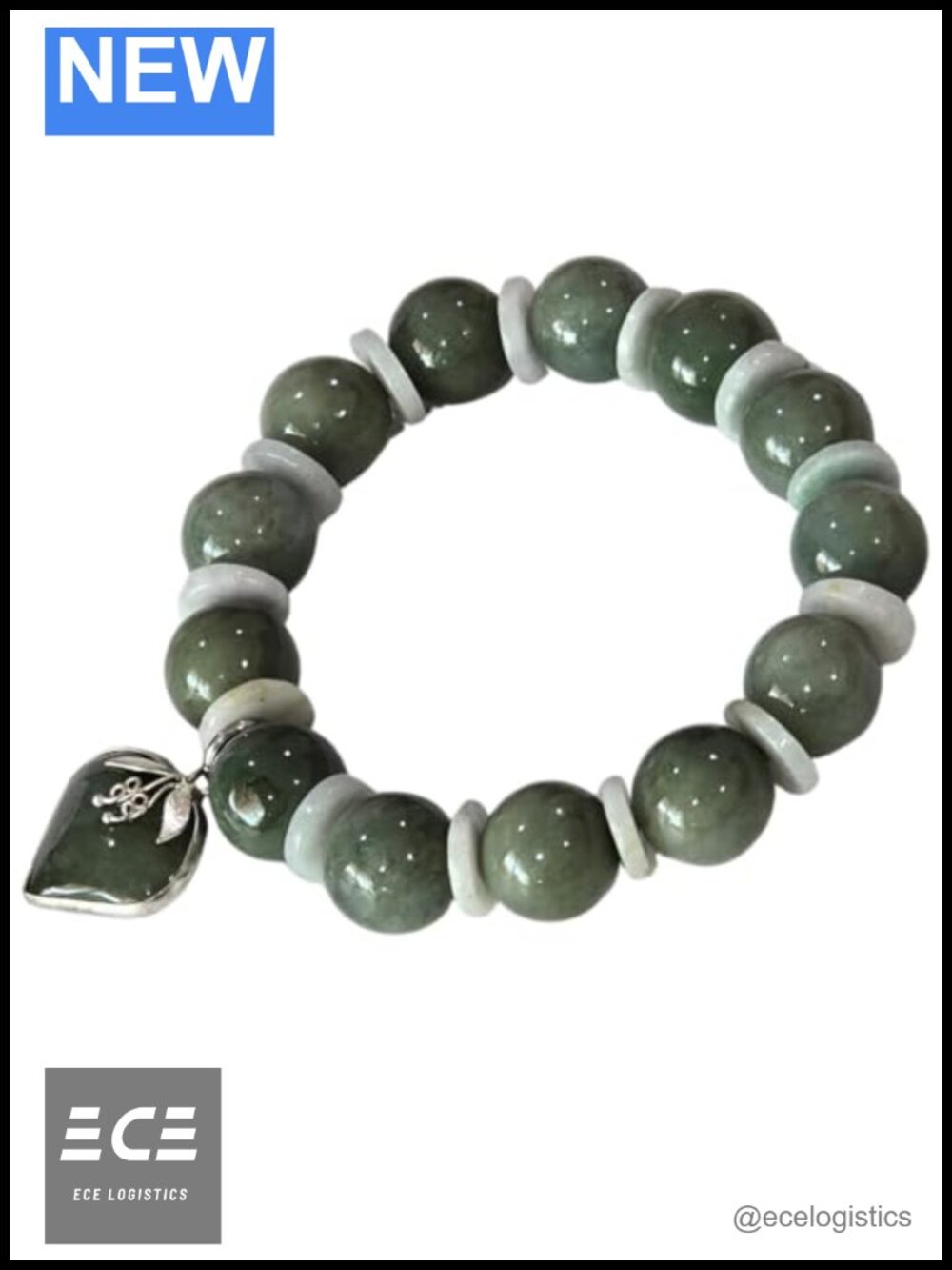 Natural Green Jade Beaded Bracelet Heart Pendant Elastic